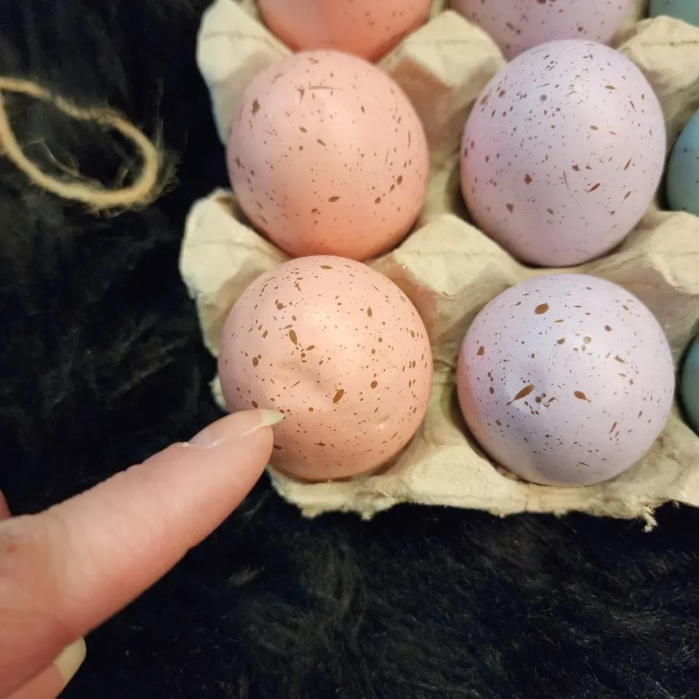 Speckled Dozen of Eggs With Carton Crate and Grass Bunny